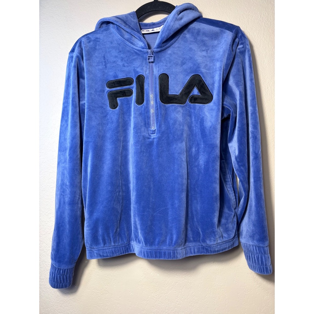 Fila Womens Velour Quarter Zip Hoodie Blue Velvet Pullover Sweatshirt Medium